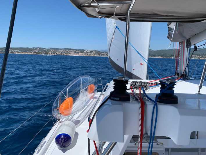 Departure from BRUSC sunset on sailing catamaran - Following the bays toward Six-Fours-Les-Plages and Sanary-sur-Mer