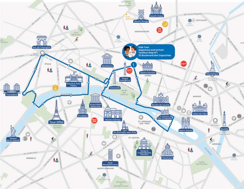 Paris: Tootbus Kids Bus Tour Experience - The 90-minute route through central Paris