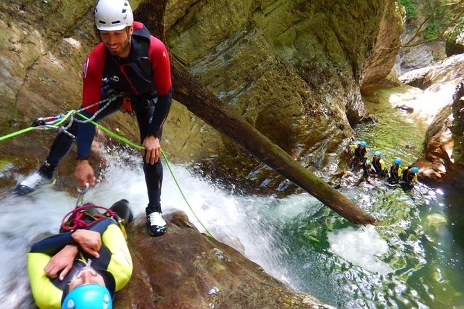 Sports canyoning in the Vercors near Grenoble - The safety briefing comes before the action